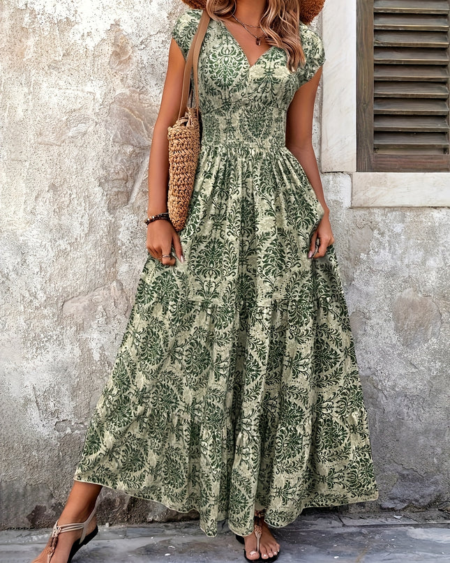 V-Neck Ruffled Hem Maxi Dress - Summer Beach Skirt with Floral Print, Cinched Waist & Flared Skirt, Lightweight Polyester for Adults, Beach Dresses - SeviSa