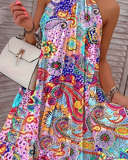 2024 European And American Summer New Geometric Pattern Printed Sleeveless Pleated Off-Shoulder Vacation Style Dress - SeviSa