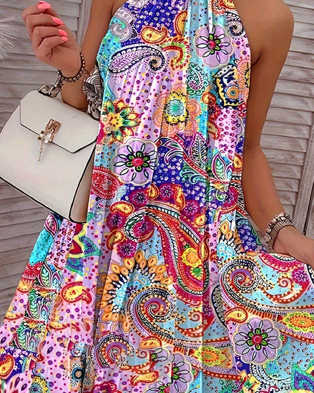 2024 European And American Summer New Geometric Pattern Printed Sleeveless Pleated Off-Shoulder Vacation Style Dress - SeviSa
