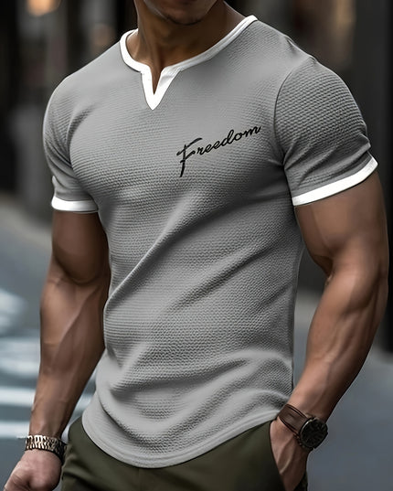 Men's Alphabet Print "FREEDOM" Waffle Knit T-shirt, V-neck And Short Sleeve Tee, Tops Perfect For Summer Fitness And Outdoors Activities - SeviSa