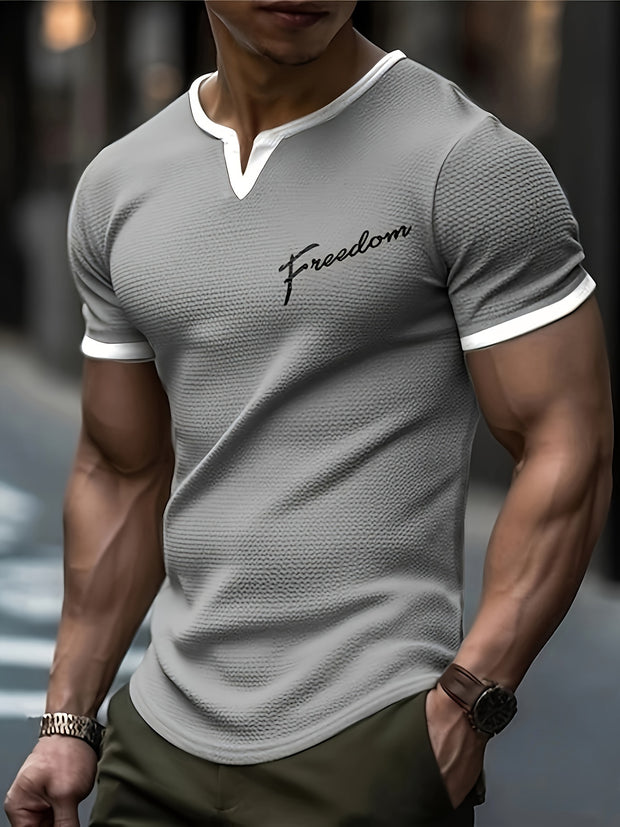 Men's Alphabet Print "FREEDOM" Waffle Knit T-shirt, V-neck And Short Sleeve Tee, Tops Perfect For Summer Fitness And Outdoors Activities - SeviSa