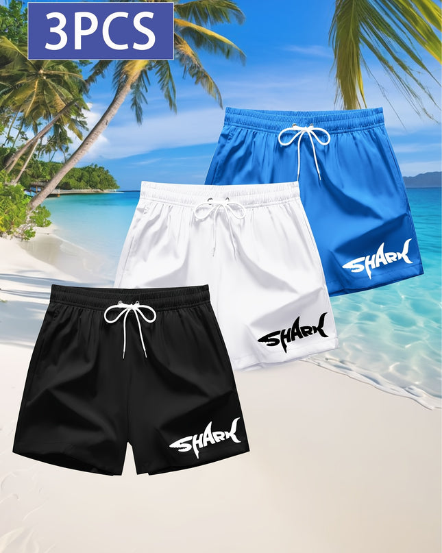 3pcs Men's Swim Trunks - Quick-Dry Beach Shorts with Adjustable Drawstring Waist, Shark Graphic Prints in Red, Black, Light Blue - Lightweight Swimwear for Surfing, Pool, Vacation - Non-Stretch Fabric for Board Sports Stabili - SeviSa