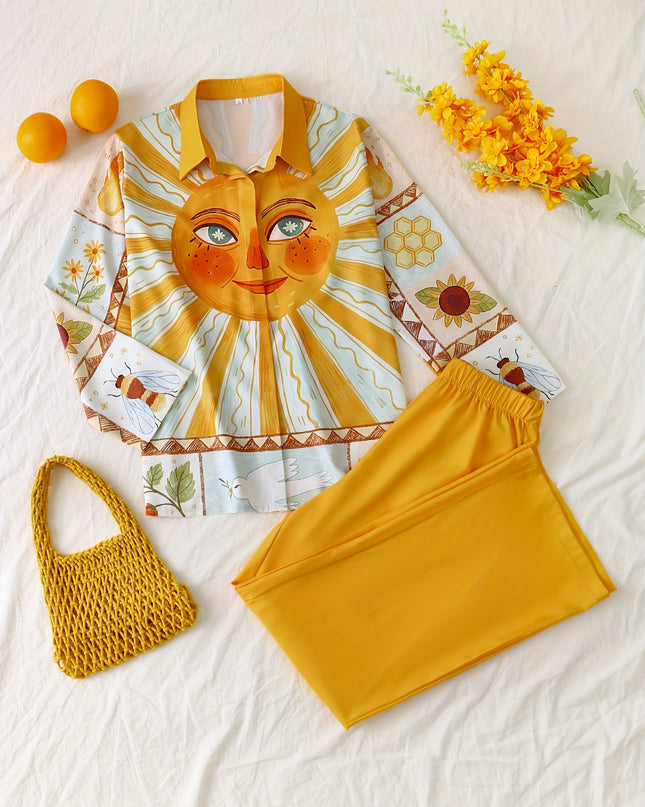 Women'S Beach Vacation Cartoon Sun Print Long Sleeve Shirt + Pants Set, Perfect for Outdoor