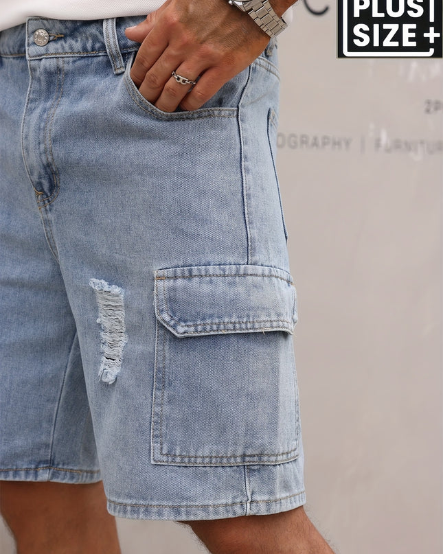 Men's Relaxed Fit Denim Cargo Shorts with Elastic Waistband & Side Pockets - Machine Washable Casual Workwear Style, Solid Color Loose Comfort for Casual Attire, Denim Shorts, Outdoor Activities, Utility Style, Sturdy Constru - SeviSa