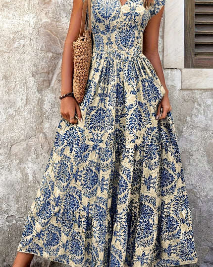 V-Neck Ruffled Hem Maxi Dress - Summer Beach Skirt with Floral Print, Cinched Waist & Flared Skirt, Lightweight Polyester for Adults, Beach Dresses - SeviSa