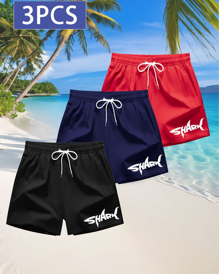 3pcs Men's Swim Trunks - Quick-Dry Beach Shorts with Adjustable Drawstring Waist, Shark Graphic Prints in Red, Black, Light Blue - Lightweight Swimwear for Surfing, Pool, Vacation - Non-Stretch Fabric for Board Sports Stabili - SeviSa