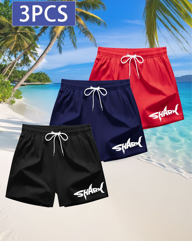 3pcs Men's Swim Trunks - Quick-Dry Beach Shorts with Adjustable Drawstring Waist, Shark Graphic Prints in Red, Black, Light Blue - Lightweight Swimwear for Surfing, Pool, Vacation - Non-Stretch Fabric for Board Sports Stabili - SeviSa