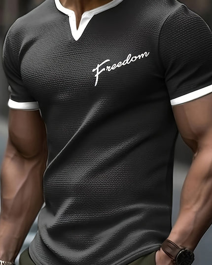 Men's Alphabet Print "FREEDOM" Waffle Knit T-shirt, V-neck And Short Sleeve Tee, Tops Perfect For Summer Fitness And Outdoors Activities - SeviSa