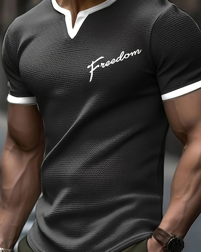 Men's Alphabet Print "FREEDOM" Waffle Knit T-shirt, V-neck And Short Sleeve Tee, Tops Perfect For Summer Fitness And Outdoors Activities - SeviSa