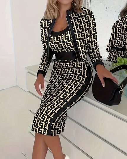 Women'S Geometric Print Zip-Up Jacket and Dress Set - Navy Blue and Yellow, Knit Polyester, Long Sleeve, Zipper Front, All-Season Wear, Stylish Office Attire, Office Attire|Geometric Print|Zippered Jacket
