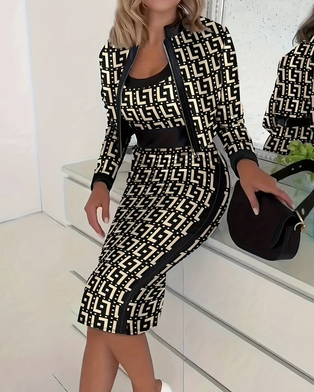 Women'S Geometric Print Zip-Up Jacket and Dress Set - Navy Blue and Yellow, Knit Polyester, Long Sleeve, Zipper Front, All-Season Wear, Stylish Office Attire, Office Attire|Geometric Print|Zippered Jacket