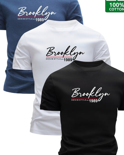Set of 3 Men'S 100% Cotton T-Shirts, Lightweight for Summer, Breathable And Moisture-Wicking, Featuring a Round Neck And Print Design, Sweat-Resistant - SeviSa