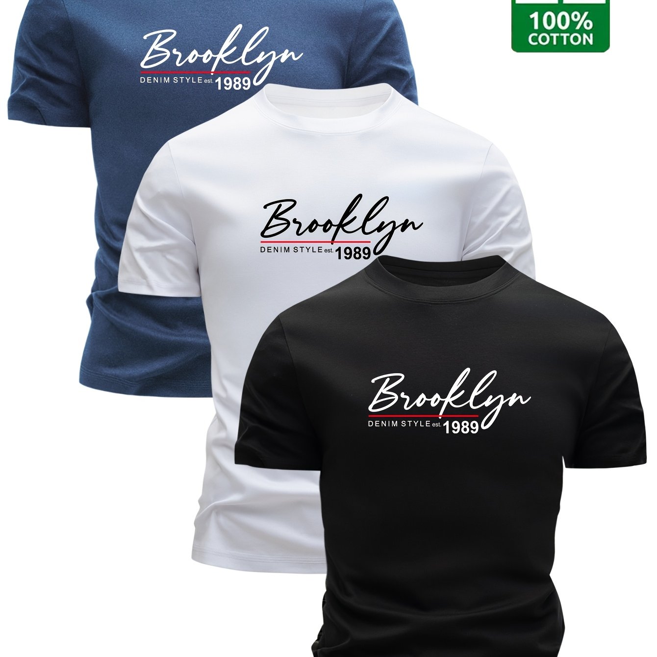 Set of 3 Men'S 100% Cotton T-Shirts, Lightweight for Summer, Breathable And Moisture-Wicking, Featuring a Round Neck And Print Design, Sweat-Resistant - SeviSa