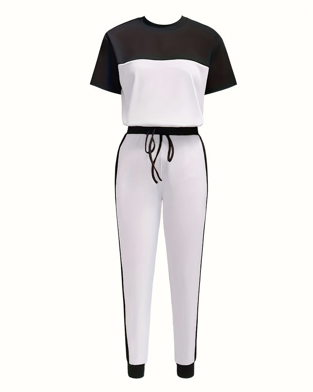 Casual Color Block Short Sleeve Round Neck T-Shirt and Long Pants Two-Piece Set