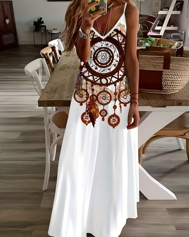 Vacation Style] Women'S Bohemian Geometric Print Sleeveless Maxi Dress - V-Neck, Lightweight Polyester, Perfect for Summer Vacations, Casual Beachwear, Vacation Dress|Bohemian Style|Lightweight Dress - SeviSa