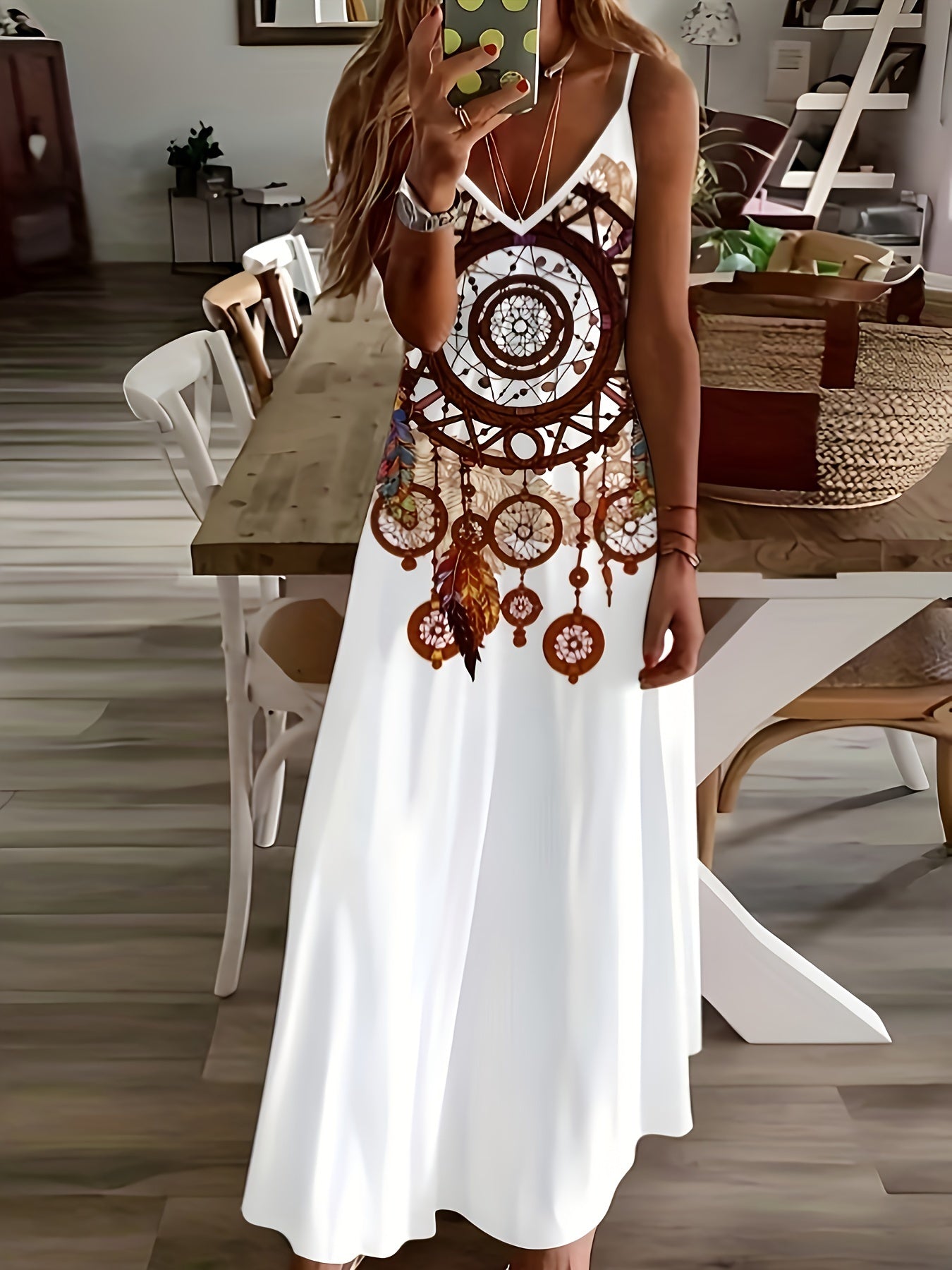 Vacation Style] Women'S Bohemian Geometric Print Sleeveless Maxi Dress - V-Neck, Lightweight Polyester, Perfect for Summer Vacations, Casual Beachwear, Vacation Dress|Bohemian Style|Lightweight Dress - SeviSa