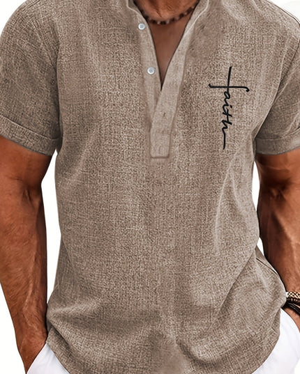 Men's Letter Print "FAITH" Short Sleeve Stand Collar Henley Shirt, Casual And Chic Tops For Summer Business And Outdoors Leisurewear - SeviSa