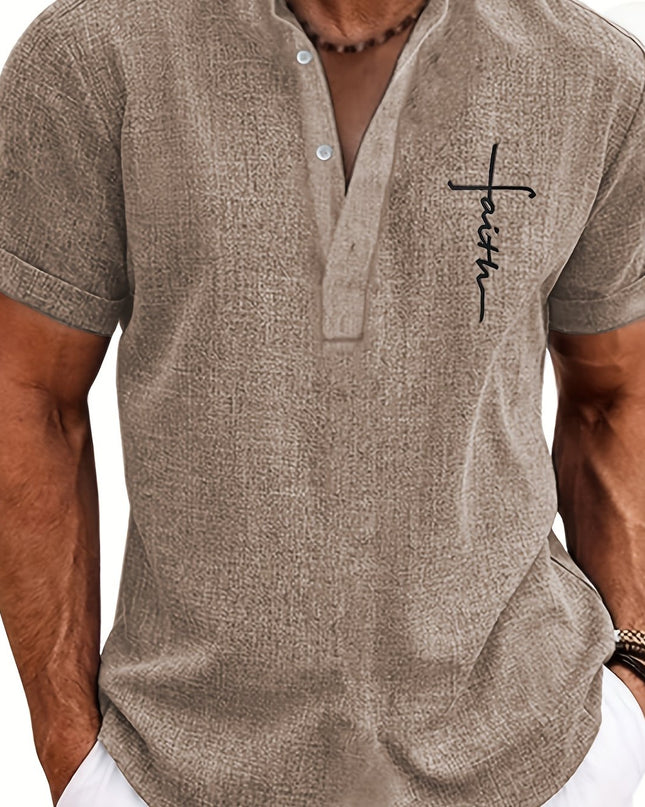 Men's Letter Print "FAITH" Short Sleeve Stand Collar Henley Shirt, Casual And Chic Tops For Summer Business And Outdoors Leisurewear - SeviSa