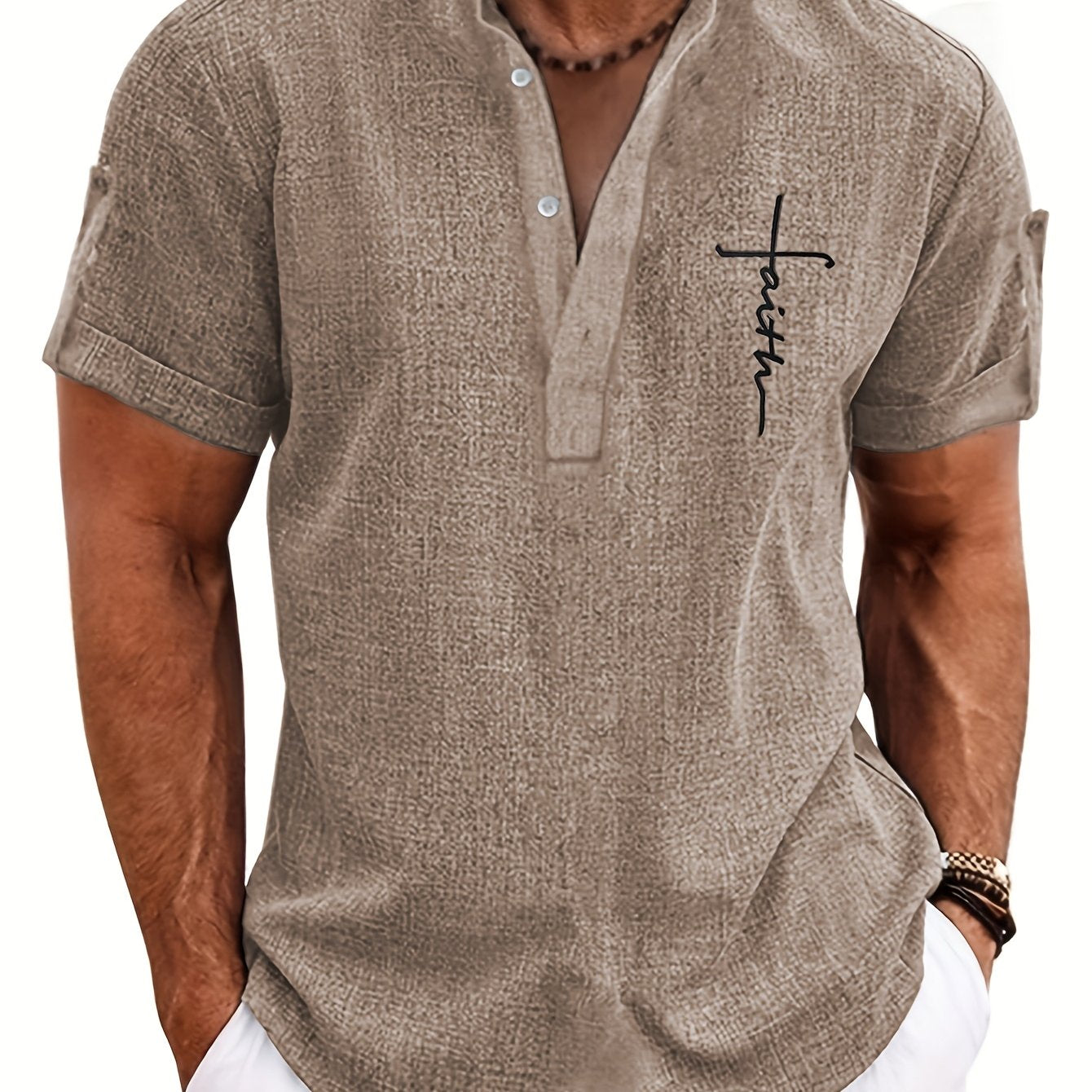 Men's Letter Print "FAITH" Short Sleeve Stand Collar Henley Shirt, Casual And Chic Tops For Summer Business And Outdoors Leisurewear - SeviSa