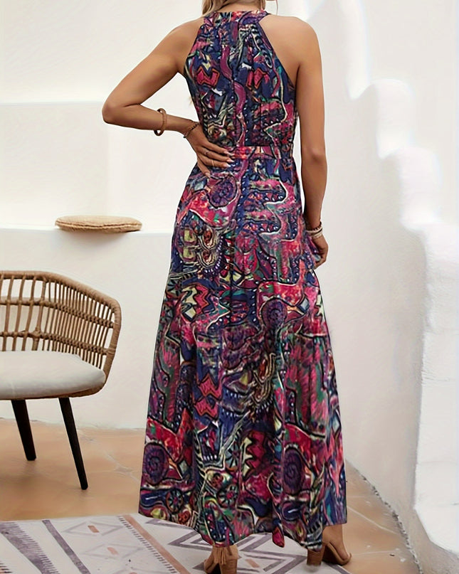 Elegant Bohemian Maxi Dress with Lace-Up Detail - High-Waisted, Sleeveless, Floral Print, Light Brown and Blue, Perfect for Adult Women, All-Season Versatile, Adult Women'S Dress|Floral Print Dress|Laceup Detail - SeviSa