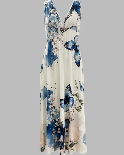 Women's Floral & Butterfly Print V-Neck Sleeveless Dress - Fitted Top & Flowy Skirt, Breathable All-Season Casual Outdoor Dress, Machine Washable, Seasonal Fashion, Sophisticated Casual, Comfortable Fit - SeviSa