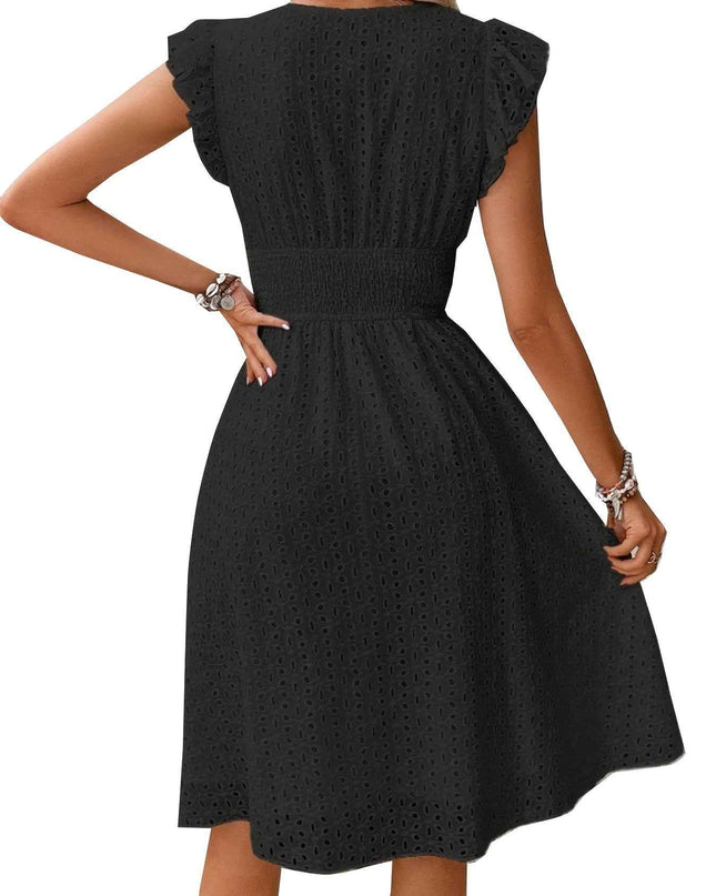 Elegant Ruffle Sleeve V-Neck Dress with Tiered Hem - Navy Blue, Knee-Length, Perfect for Spring & Summer, Women'S Fashion, Casual Elegance | Tiered Hem Dress | Ruffle Sleeve Dress