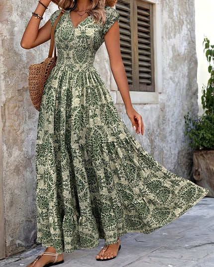 V-Neck Ruffled Hem Maxi Dress - Summer Beach Skirt with Floral Print, Cinched Waist & Flared Skirt, Lightweight Polyester for Adults, Beach Dresses - SeviSa