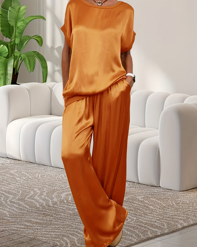 Women'S Elegant Lavender Polyester Pajama Set - Short Sleeve, Round Neck, Wide Leg Pants with Pockets, Perfect for Spring/Summer Home Wear, Relaxed Fit Pajamas|Elegant Pajama Set|Polyester Fabric