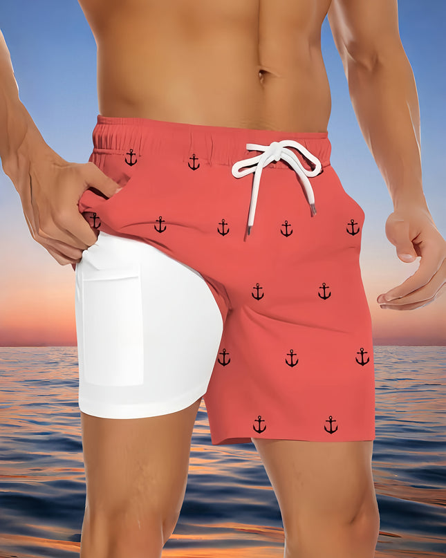 Men'S Plus Size Casual Beach Shorts - Double Layer, Quick-Dry, Drawstring Waist, Print Anchor Design, Red, Perfect for Tropical Vacations & Summer Sports, Beach Short - SeviSa