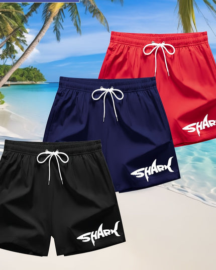 3pcs Men's Swim Trunks - Quick-Dry Beach Shorts with Adjustable Drawstring Waist, Shark Graphic Prints in Red, Black, Light Blue - Lightweight Swimwear for Surfing, Pool, Vacation - Non-Stretch Fabric for Board Sports Stabili - SeviSa