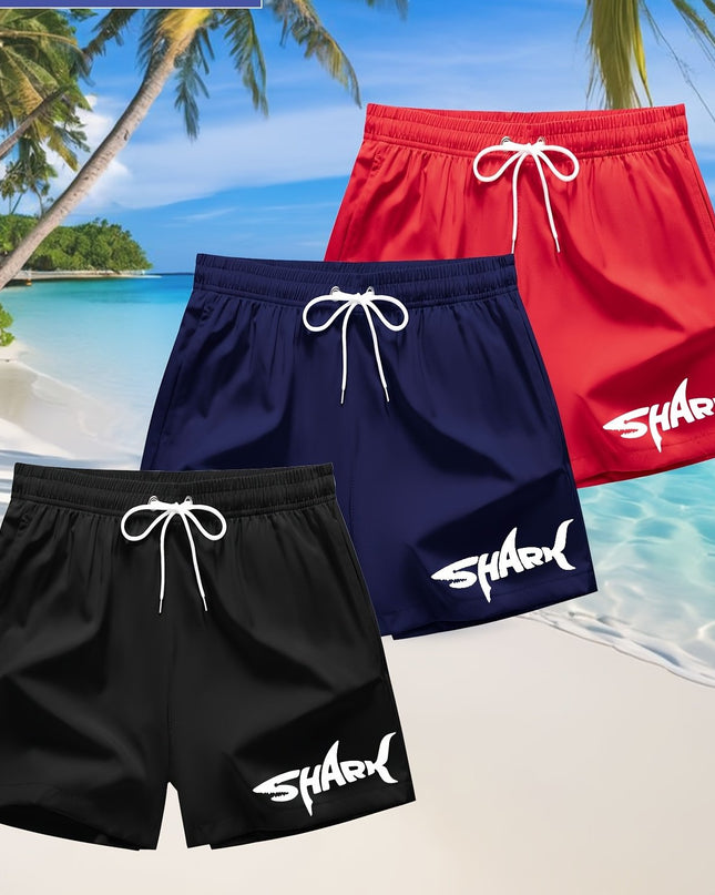 3pcs Men's Swim Trunks - Quick-Dry Beach Shorts with Adjustable Drawstring Waist, Shark Graphic Prints in Red, Black, Light Blue - Lightweight Swimwear for Surfing, Pool, Vacation - Non-Stretch Fabric for Board Sports Stabili - SeviSa