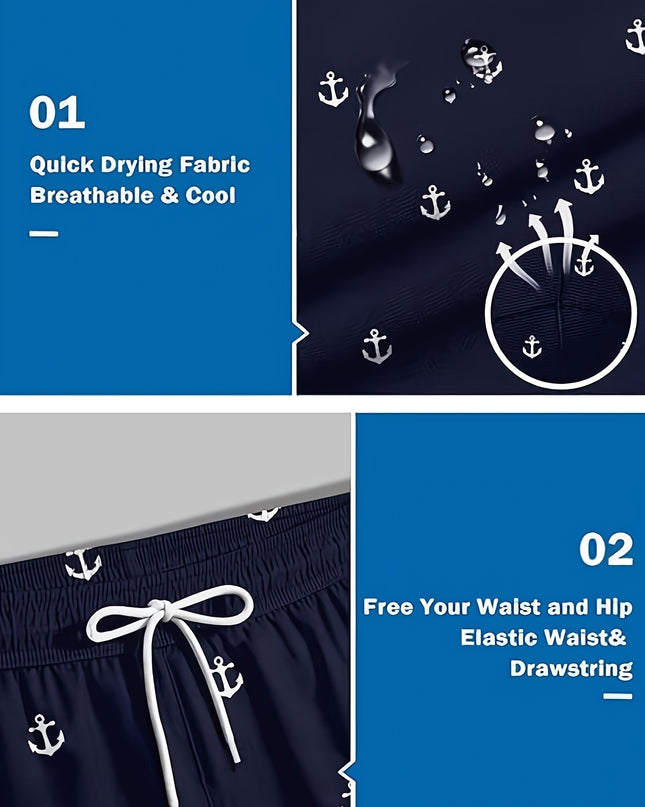 Men'S Plus Size Casual Beach Shorts - Double Layer, Quick-Dry, Drawstring Waist, Print Anchor Design, Red, Perfect for Tropical Vacations & Summer Sports, Beach Short - SeviSa