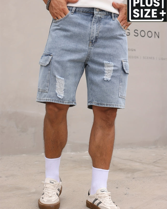 Men's Relaxed Fit Denim Cargo Shorts with Elastic Waistband & Side Pockets - Machine Washable Casual Workwear Style, Solid Color Loose Comfort for Casual Attire, Denim Shorts, Outdoor Activities, Utility Style, Sturdy Constru - SeviSa
