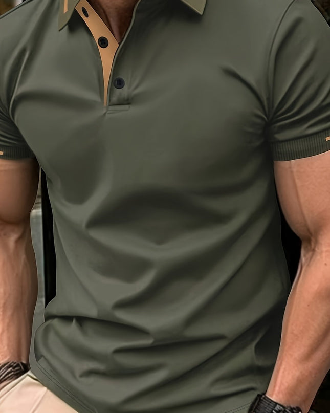 Men's Summer Casual Sport T-Shirt - Breathable Short Sleeve Button-Up with Red Trim, Dark Green Solid Color, Regular Fit for Running, Outdoor & Casual Attire, Sports T Shirt, Durable Sportswear - SeviSa