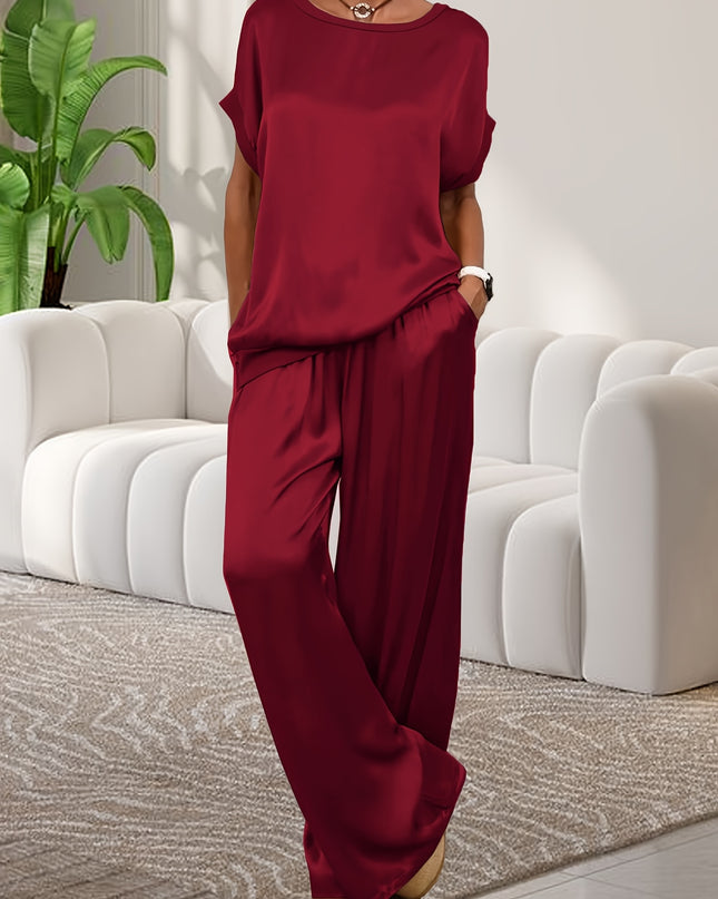 Women'S Elegant Lavender Polyester Pajama Set - Short Sleeve, Round Neck, Wide Leg Pants with Pockets, Perfect for Spring/Summer Home Wear, Relaxed Fit Pajamas|Elegant Pajama Set|Polyester Fabric