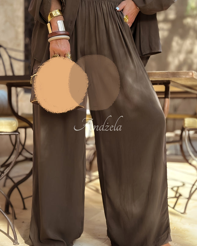 Women'S Elegant Button-Up Shirt and Wide-Leg Pants Set - Casual Chic, Solid Color, All-Season Versatile Outfit for Beach Vacations, Beach Attire|Chic Casual Attire|Polyester Blend