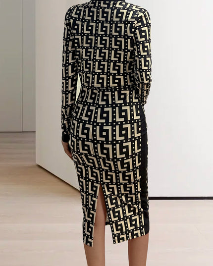 Women'S Geometric Print Zip-Up Jacket and Dress Set - Navy Blue and Yellow, Knit Polyester, Long Sleeve, Zipper Front, All-Season Wear, Stylish Office Attire, Office Attire|Geometric Print|Zippered Jacket
