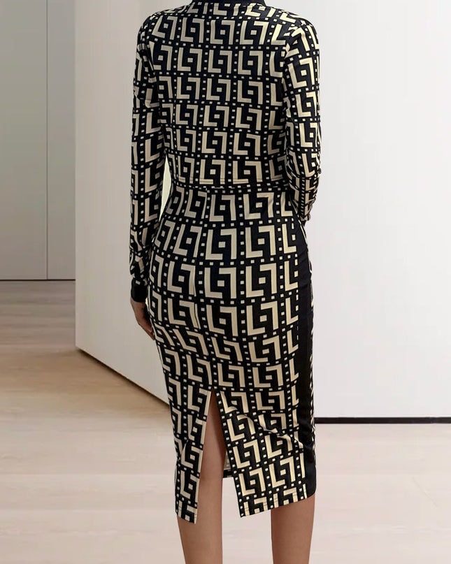 Women'S Geometric Print Zip-Up Jacket and Dress Set - Navy Blue and Yellow, Knit Polyester, Long Sleeve, Zipper Front, All-Season Wear, Stylish Office Attire, Office Attire|Geometric Print|Zippered Jacket