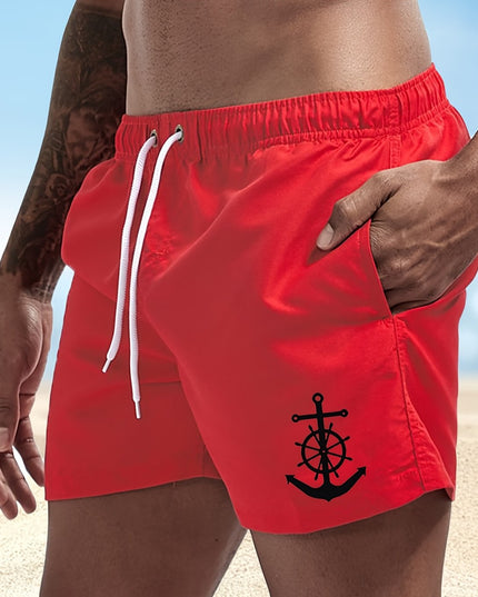 Men's Quick-Dry Swim Shorts - Navy Blue Board Shorts with Anchor design, Elastic Drawstring Waist - Lightweight Beach Swim Trunks for Surfing, Swimming, Gym, Vacation - Fast-Drying Quick Suit for Ocean & Pool Activities, Swim - SeviSa