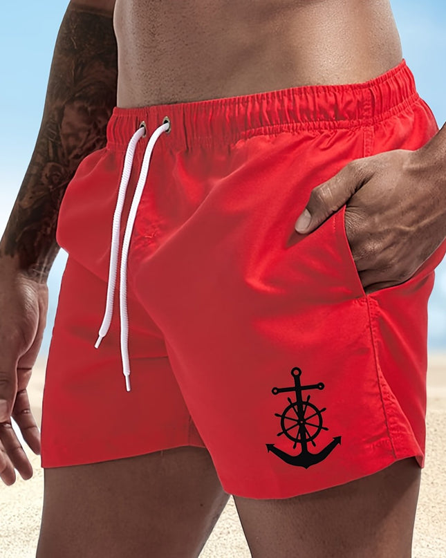 Men's Quick-Dry Swim Shorts - Navy Blue Board Shorts with Anchor design, Elastic Drawstring Waist - Lightweight Beach Swim Trunks for Surfing, Swimming, Gym, Vacation - Fast-Drying Quick Suit for Ocean & Pool Activities, Swim - SeviSa