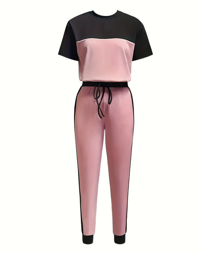Casual Color Block Short Sleeve Round Neck T-Shirt and Long Pants Two-Piece Set