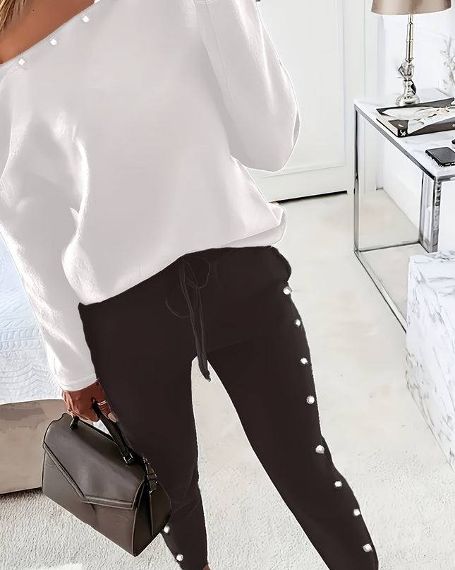 Women'S Stylish Off-Shoulder White Top & Black Pants Two-Piece Set - Casual Long Sleeve, Scoop Neck, Polyester Blend, Pockets, Drawstring Waist, Spring/Summer Casual Wear, Casual Attire|Scoop Neck Top|Polyester Blend
