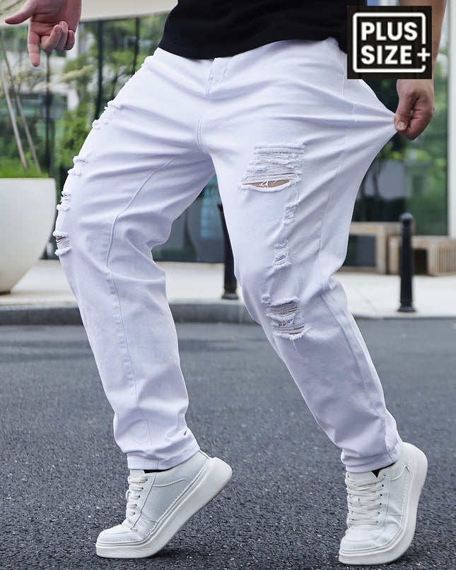 Men'S Plus Size Loose Fit Ripped Jeans, 98% Cotton 2% Elastane, All-Season Solid Color, Medium Stretch, Regular Style, Woven Fabric, 382g/m² - Casual Basics - SeviSa