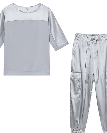 2025 New European and American Cross-Border Fashion Women'S Smooth Satin Half-Sleeve Top and Pants Set, Casual Two-Piece Outfit