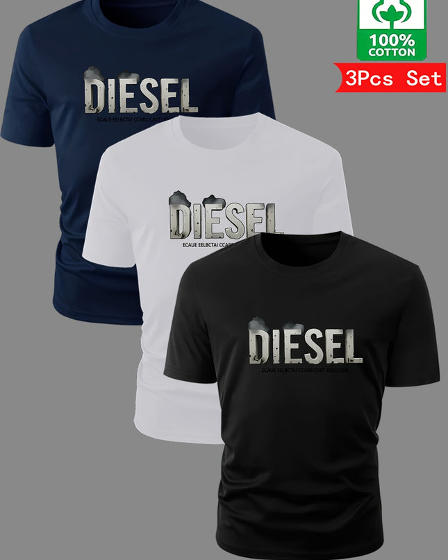 3pcs Men'S Diesel Graphic T-Shirts - 100% Cotton Breathable Summer Short Sleeve Tops, Regular Fit Round Neck Casual Tees with Bold Diesel Logo for Outdoor & Casual Attire, Machine Washable, Everyday Tshirt, Bold Graphic Tee, - SeviSa