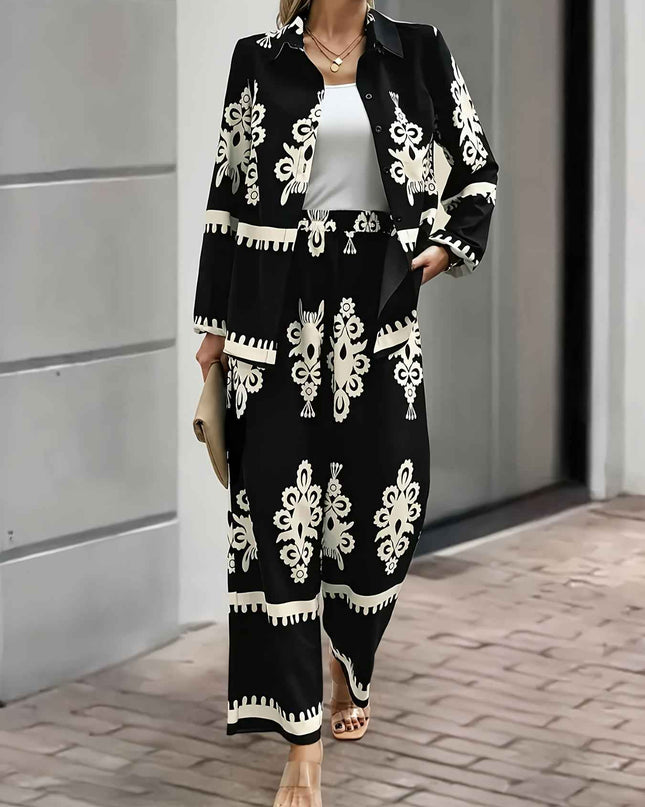 Women'S Stylish Black and White Paisley Print Two-Piece Set - Square Neck, Button-Up Blazer with Matching Pants, Perfect for Spring/Summer, Casual Attire|Paisley Print|Square Neckline, Pants Piece