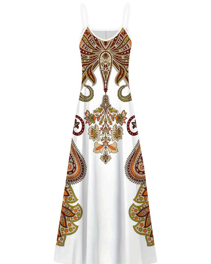 Elegant Women'S Sleeveless Cami Maxi Dress with Vibrant Paisley & Floral Print - Loose Fit, Crew Neck, Summer Casual Wear, Polyester, White with Colorful Pattern