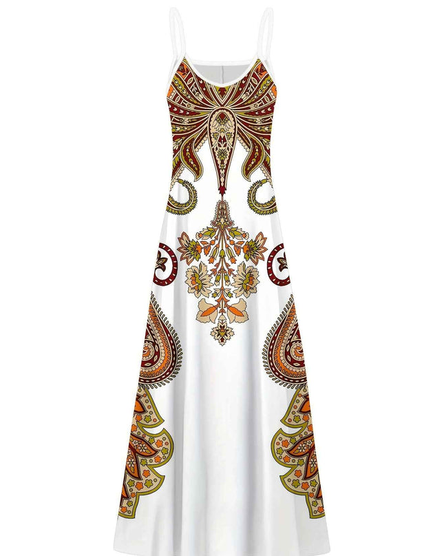 Elegant Women'S Sleeveless Cami Maxi Dress with Vibrant Paisley & Floral Print - Loose Fit, Crew Neck, Summer Casual Wear, Polyester, White with Colorful Pattern
