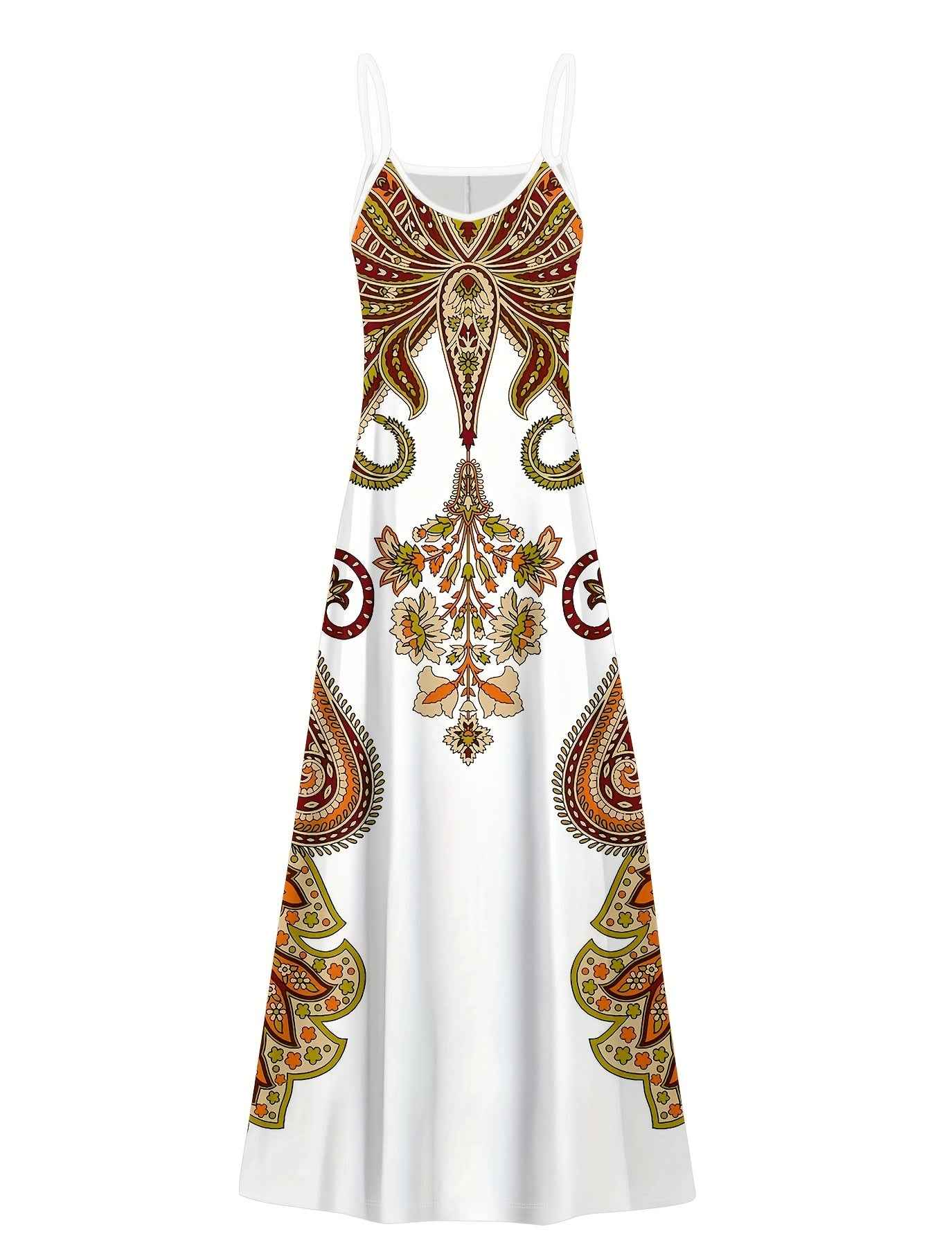 Elegant Women'S Sleeveless Cami Maxi Dress with Vibrant Paisley & Floral Print - Loose Fit, Crew Neck, Summer Casual Wear, Polyester, White with Colorful Pattern