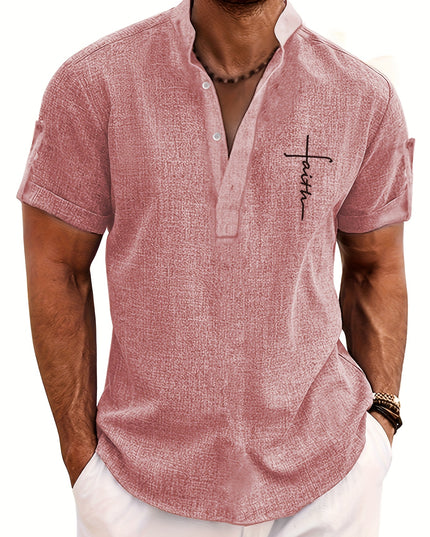 Men's Letter Print "FAITH" Short Sleeve Stand Collar Henley Shirt, Casual And Chic Tops For Summer Business And Outdoors Leisurewear - SeviSa